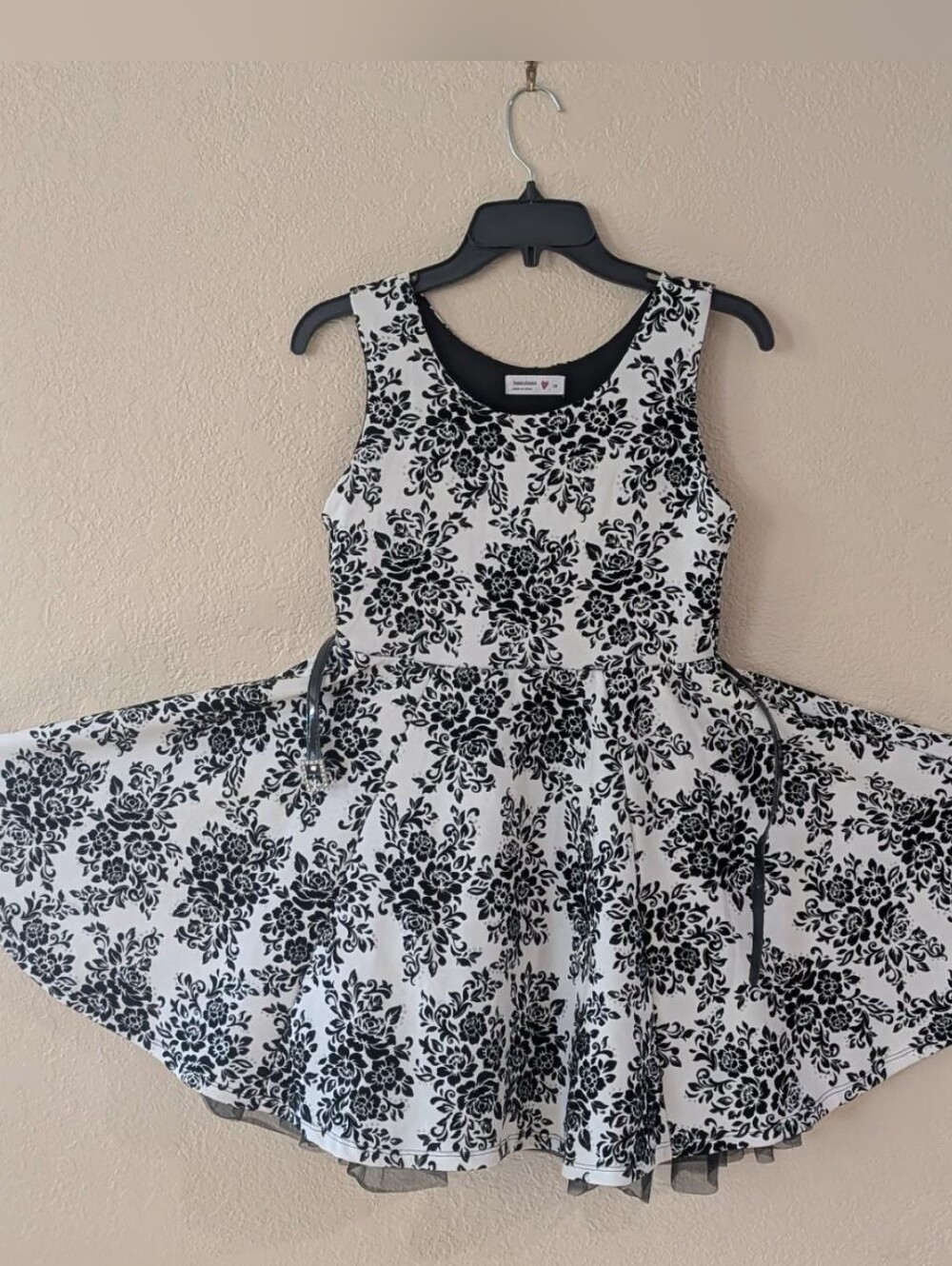 Beautees Girls Formal Black & White Floral Fit-and-Flare Dress With Black Belt